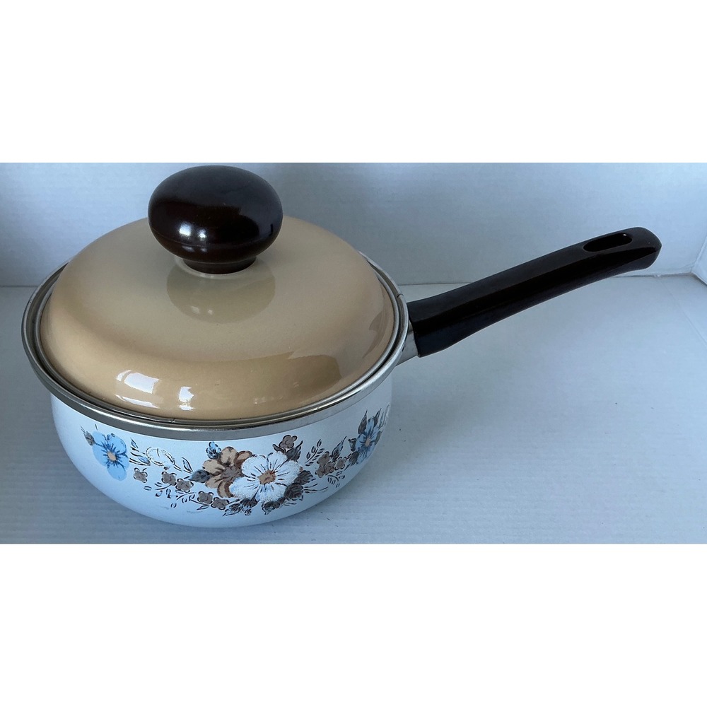Vintage Enamelware Saucepan Floral Pot with Lid Blue Brown White 1.5qt